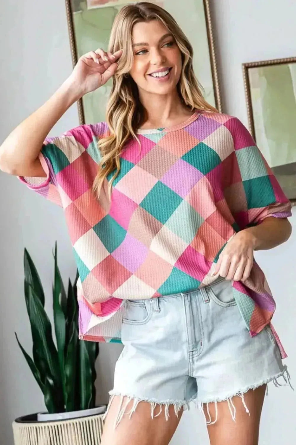 HOPELY Full Size Multi Colored Argyle Side Slit T-Shirt - Bad Moms Club