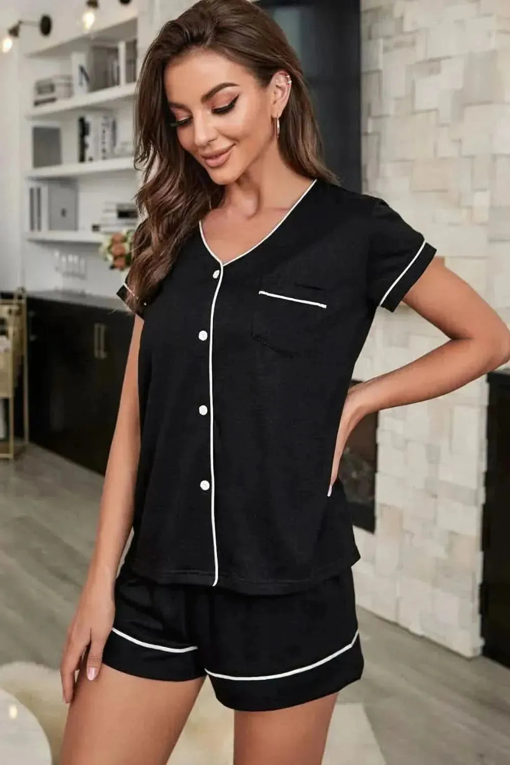 Contrast Piping Button-Up Top and Shorts Pajama Set - Bad Moms Club