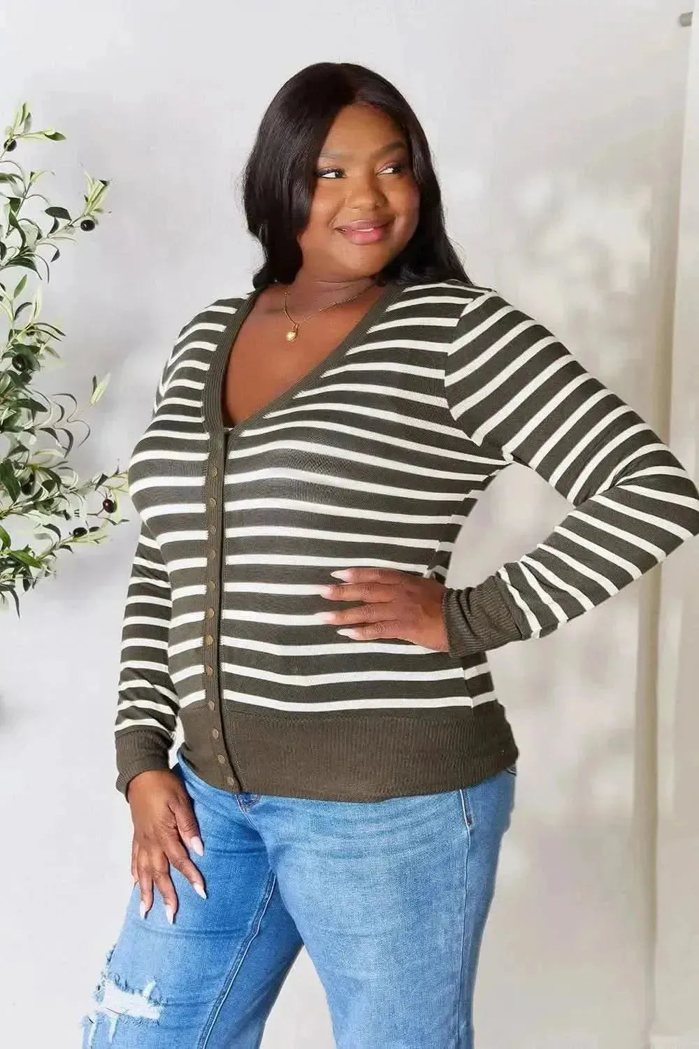 Zenana Full Size Striped Snap Down Cardigan - Bad Moms Club