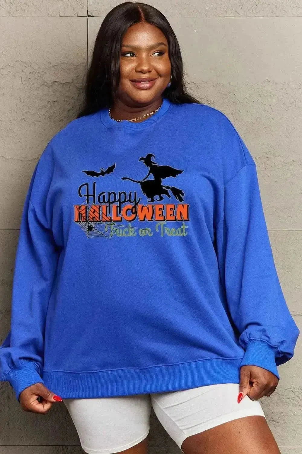 Simply Love Full Size HAPPY HALLOWEEN TRICK OR TREAT Graphic Sweatshirt - Bad Moms Club