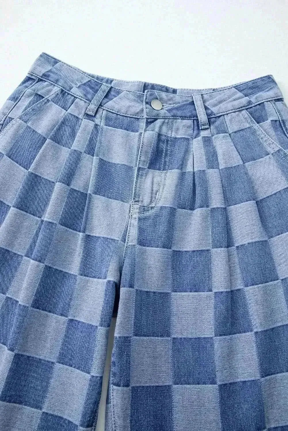 Checkered Wide Leg Jeans with Pockets - Bad Moms Club