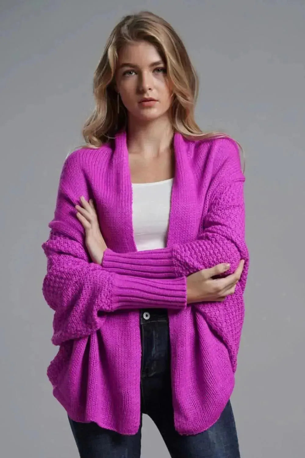 Dolman Sleeve Open Front Ribbed Trim Longline Cardigan - Bad Moms Club