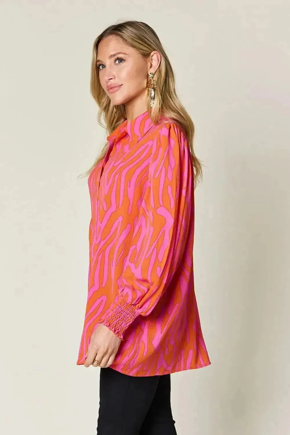 Double Take Full Size Printed Smocked Long Sleeve Blouse - Bad Moms Club