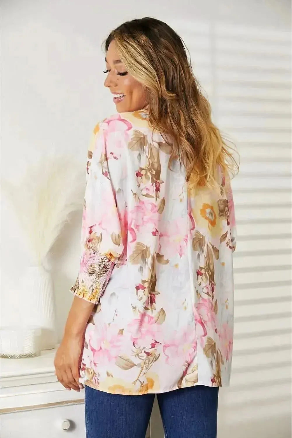 Double Take Floral Round Neck Three-Quarter Sleeve Top - Bad Moms Club