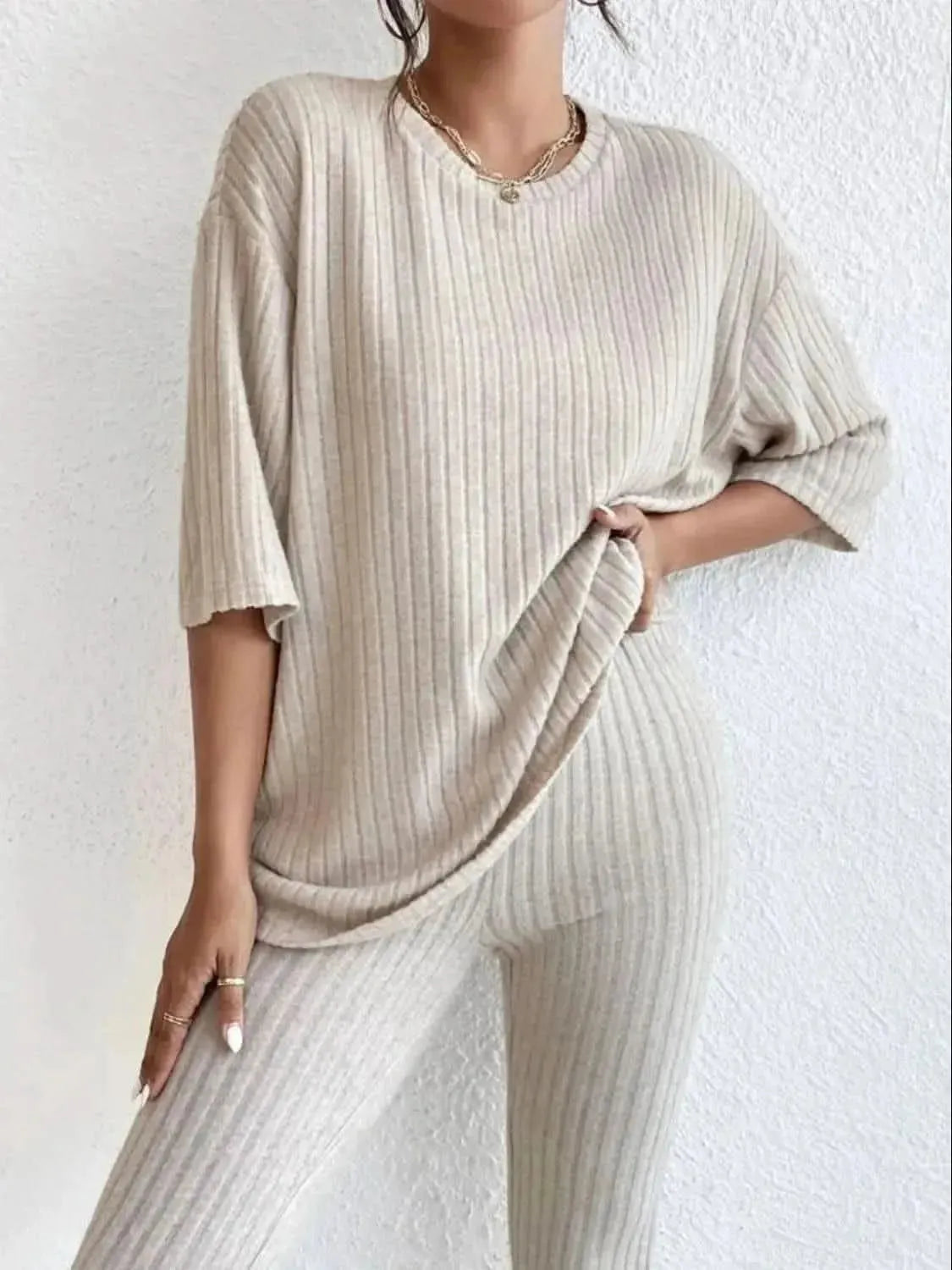 Ribbed Round Neck T-Shirt and Pants Lounge Set - Bad Moms Club