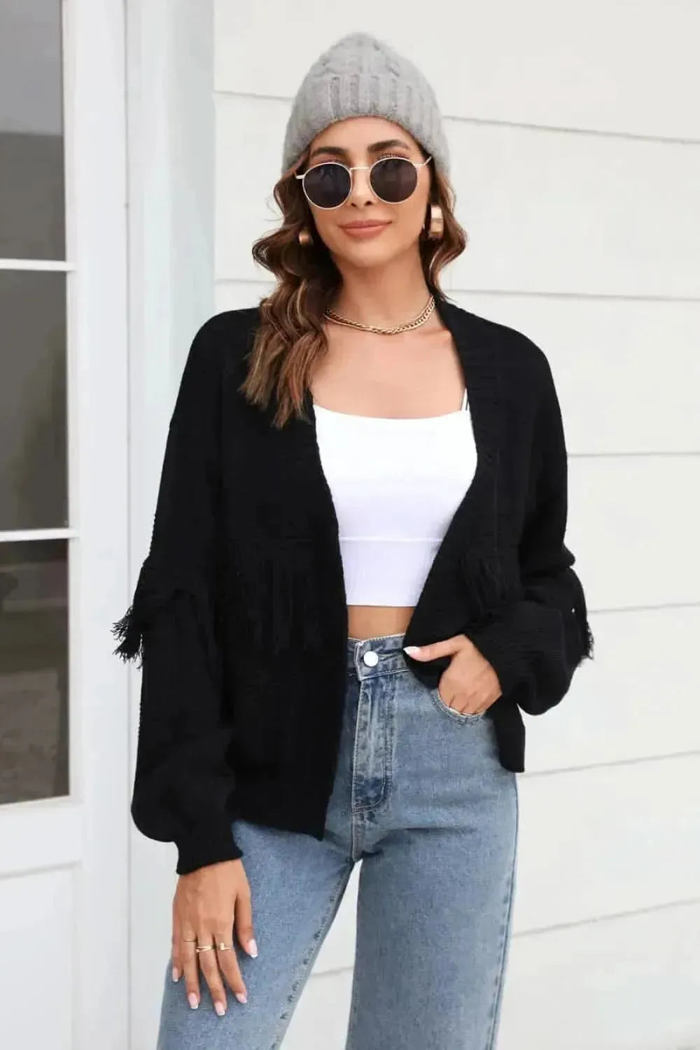 Fringe Trim Open Front Cardigan - Bad Moms Club