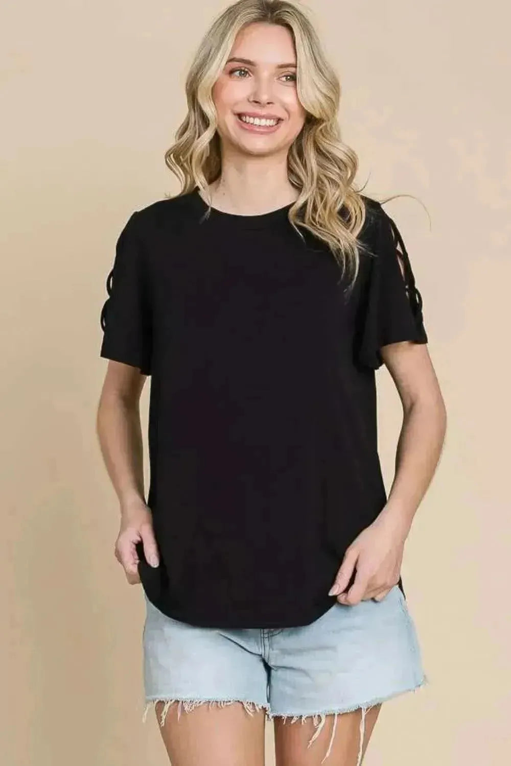 Culture Code Round Neck Crisscross Short Sleeve T-Shirt - Bad Moms Club