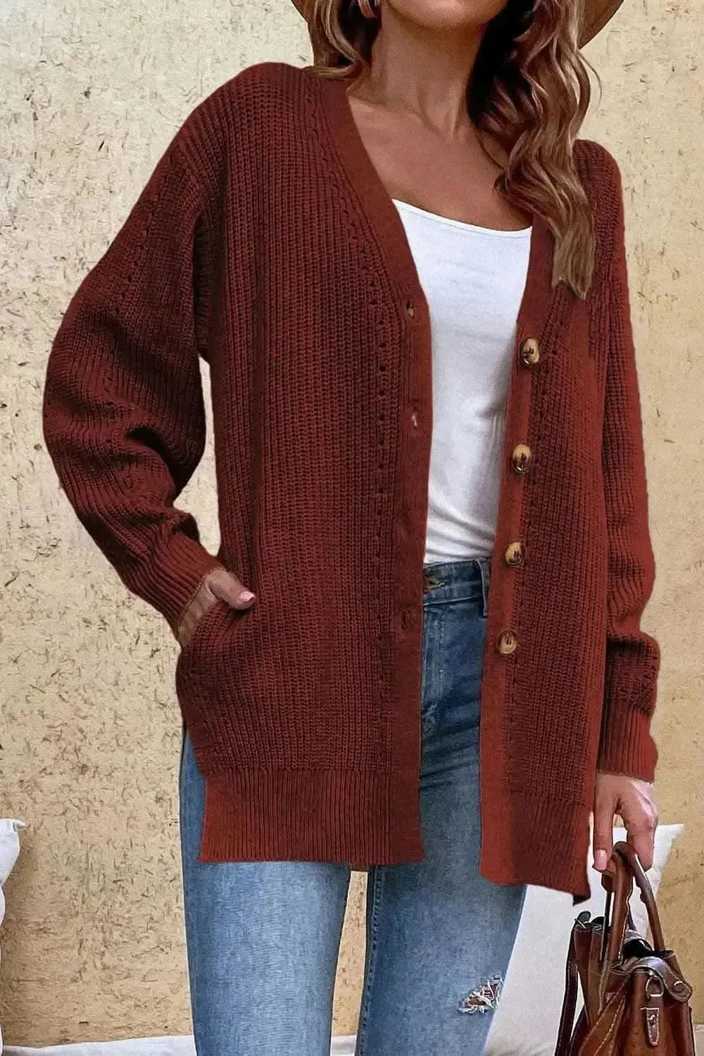 V-Neck Openwork Long Sleeve Cardigan - Bad Moms Club
