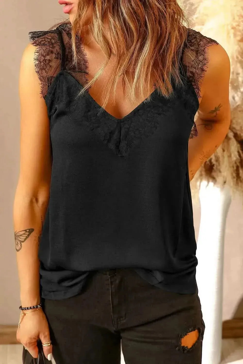 Eyelash Trim Spliced Lace Tank - Bad Moms Club