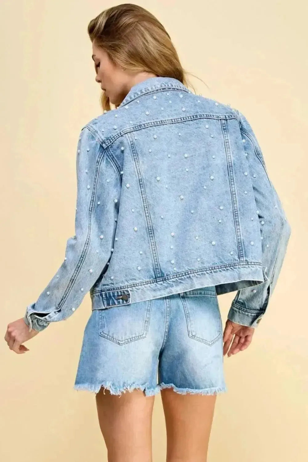 Veveret Button Up Pearl Detail Long Sleeve Denim Jacket - Bad Moms Club