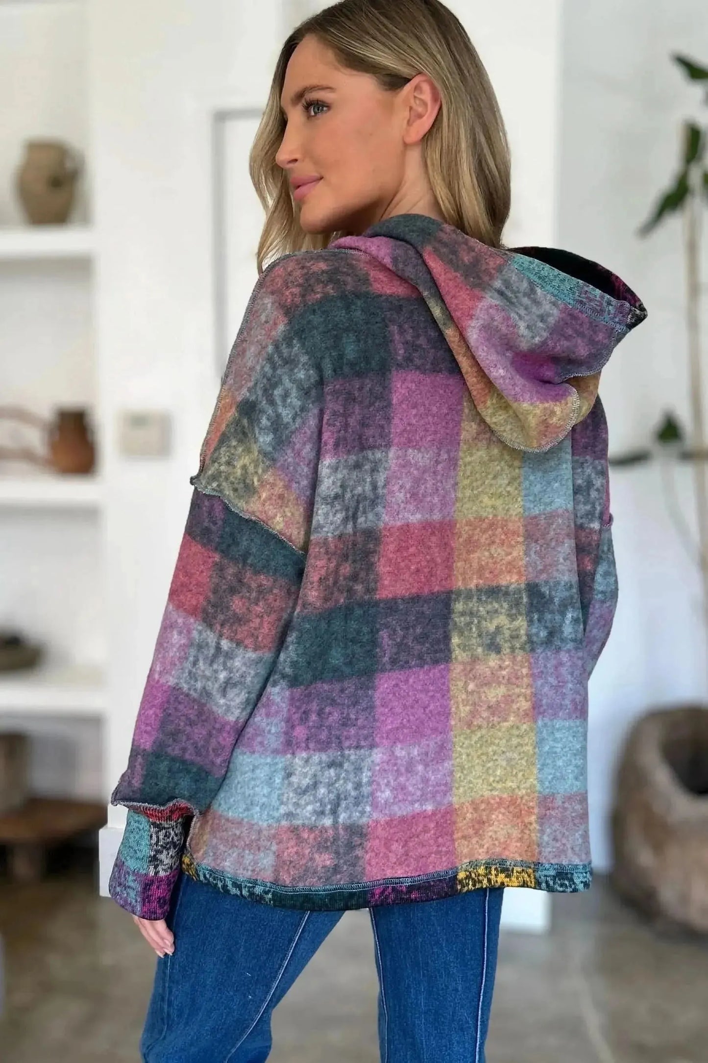 Double Take Full Size Plaid Dropped Shoulder Fleece Hoodie - Bad Moms Club