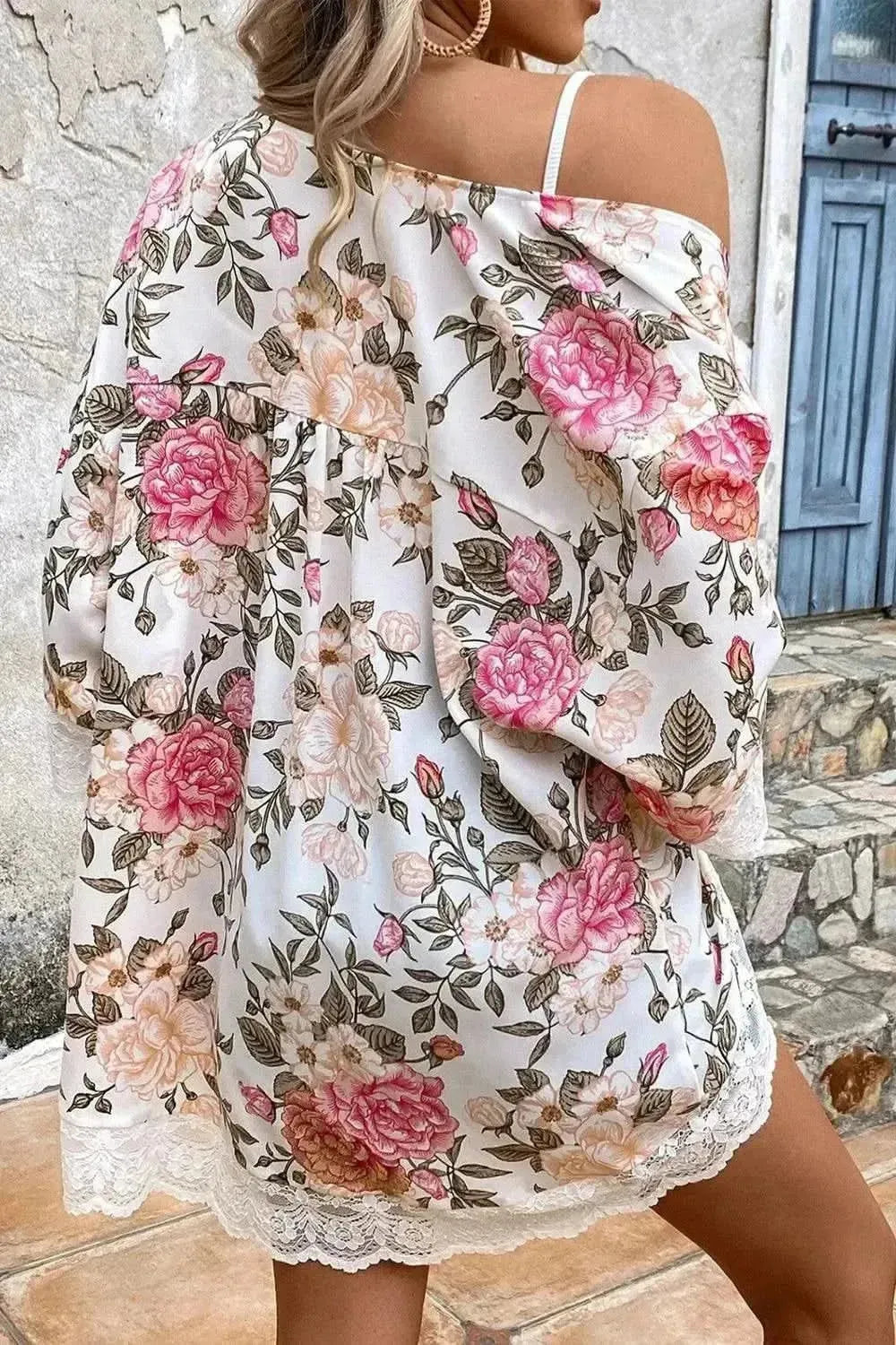 Lace Detail Floral Open Front Half Sleeve Cover Up - Bad Moms Club
