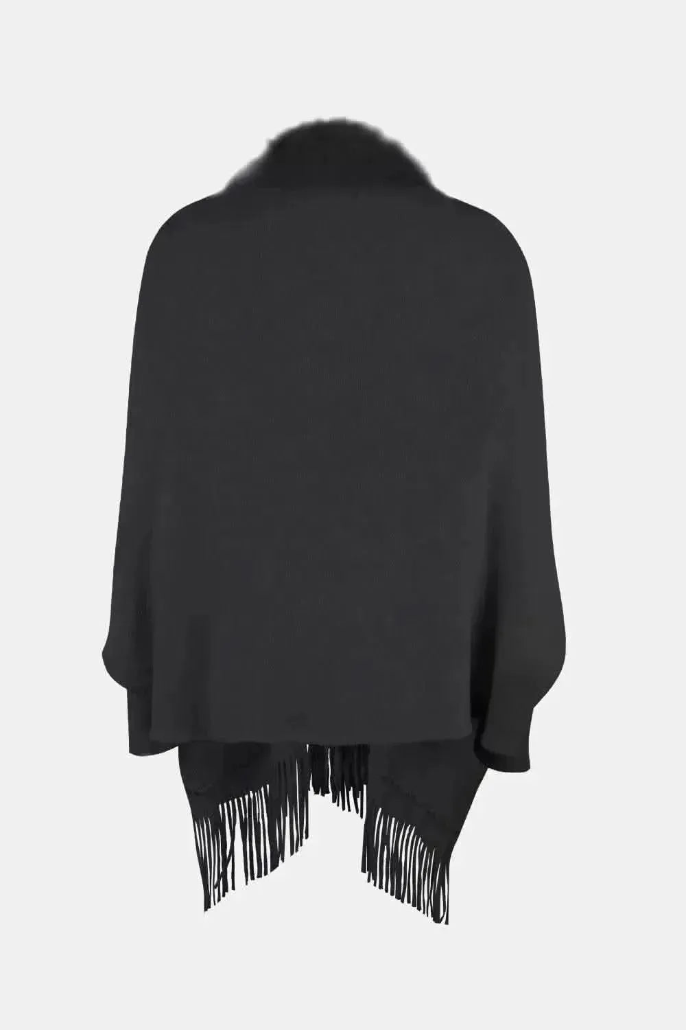 Fringe Open Front Long Sleeve Poncho - Bad Moms Club