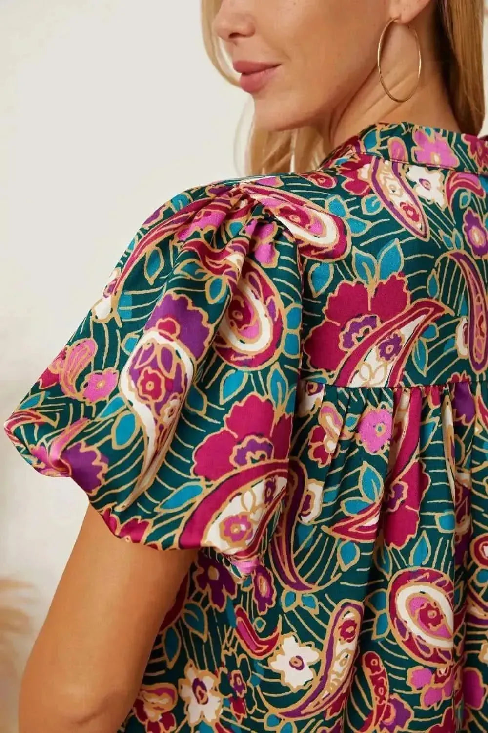 Floral Collared Neck Short Sleeve Blouse - Bad Moms Club