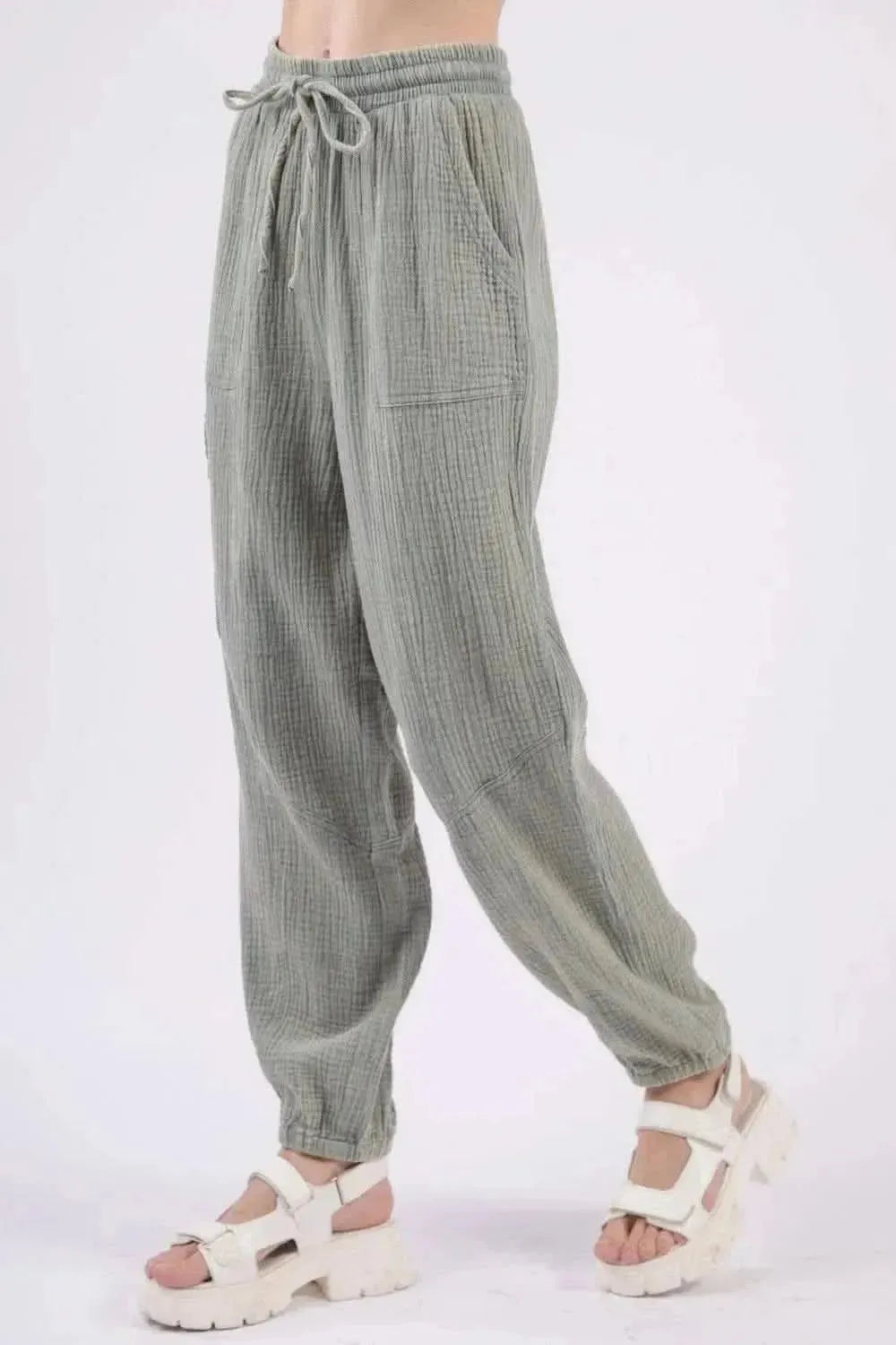 VERY J Washed Woven Crinkle Gauze Drawstring Pants - Bad Moms Club