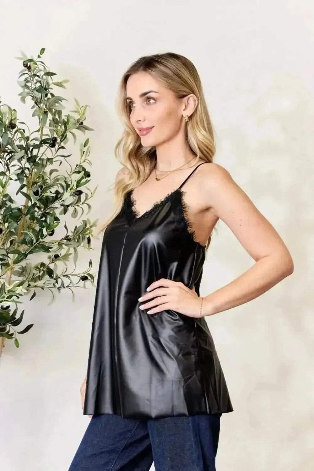 Heimish Full Size Faux Leather Lace Trim Cami - Bad Moms Club