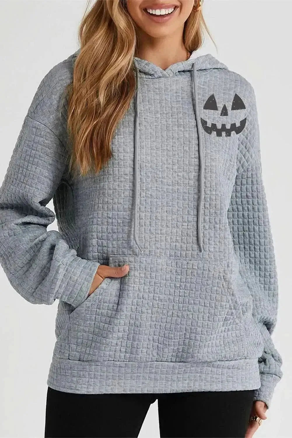Pumpkin Face Graphic Drawstring Hoodie with Pocket - Bad Moms Club
