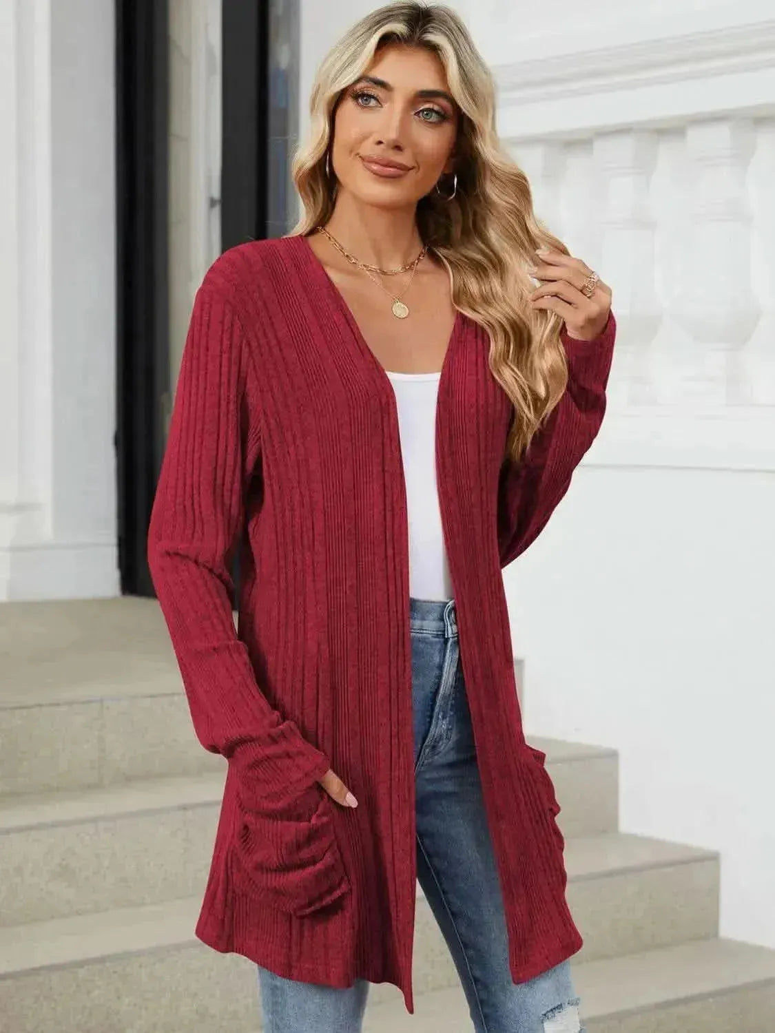 Pocketed Open Front Long Sleeve Cardigan - Bad Moms Club