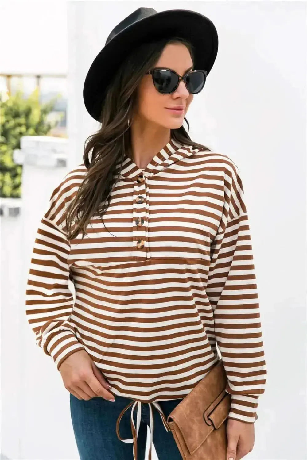 Striped Half-Button Dropped Shoulder Hoodie - Bad Moms Club