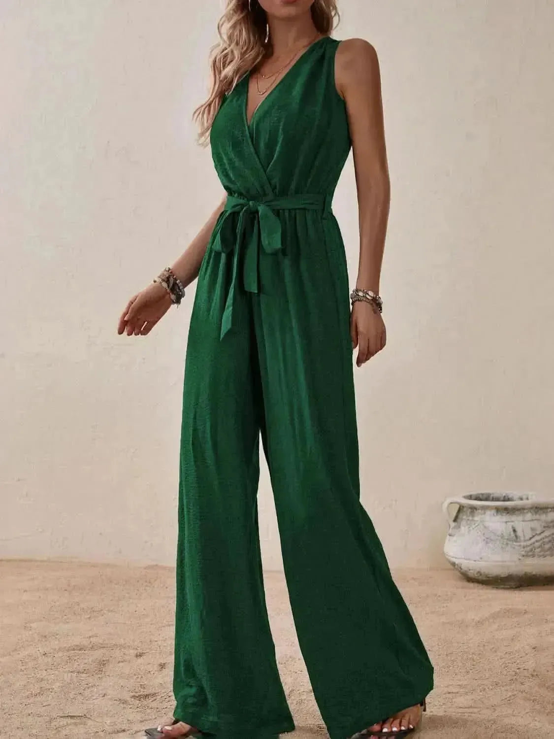 Honey Tied Surplice Sleeveless Wide Leg Jumpsuit - Bad Moms Club
