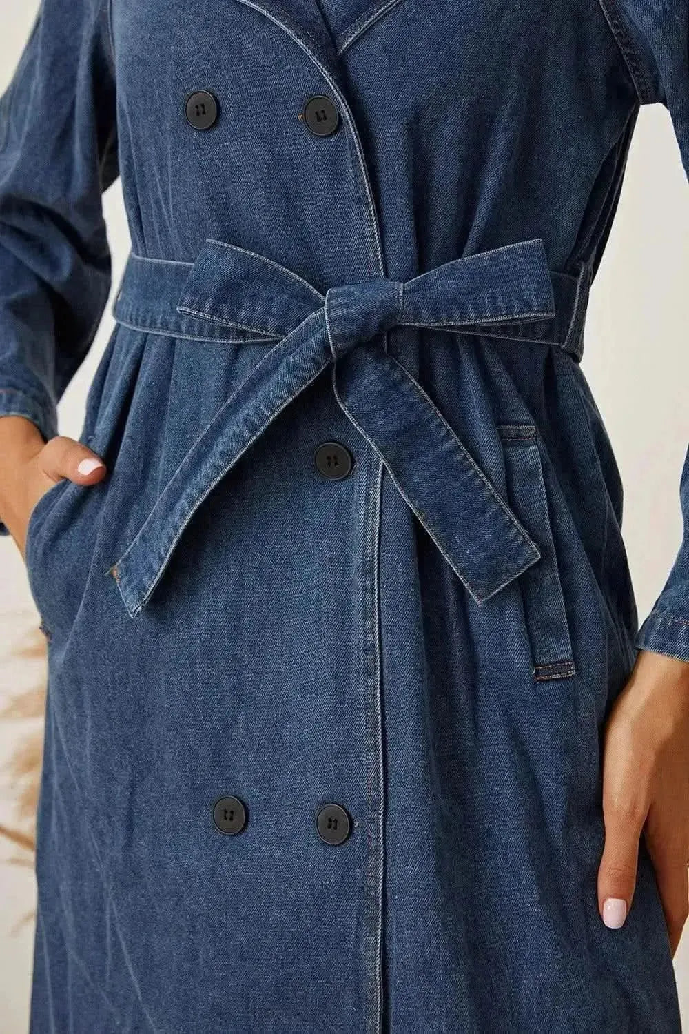 MeiMei Double-Breasted Belted Longline Denim Jacket - Bad Moms Club