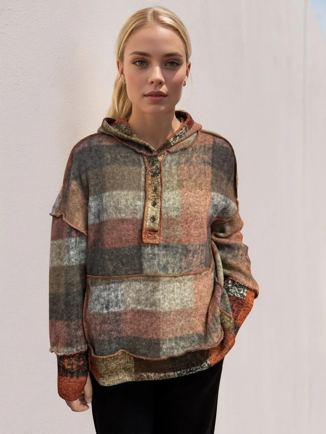 Double Take Full Size Plaid Dropped Shoulder Fleece Hoodie - Bad Moms Club