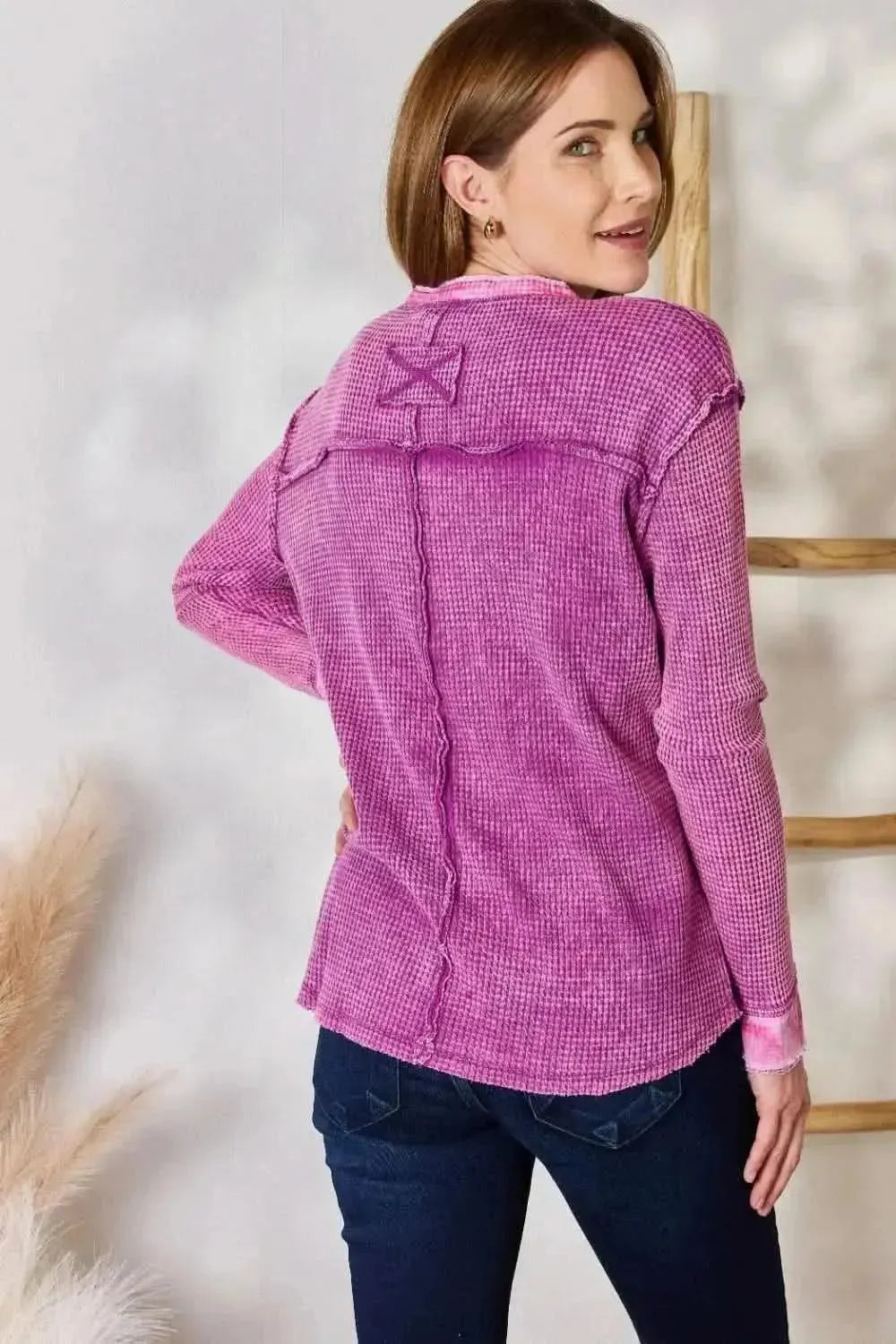 Zenana Washed Half Button Exposed Seam Waffle Top - Bad Moms Club