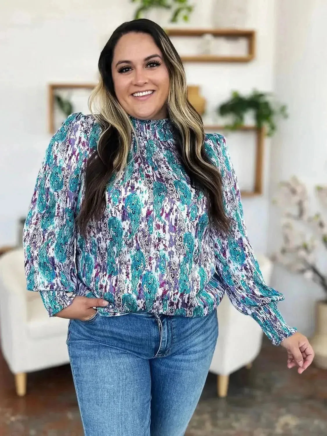 Double Take Full Size Printed Smocked Long Sleeve Blouse - Bad Moms Club