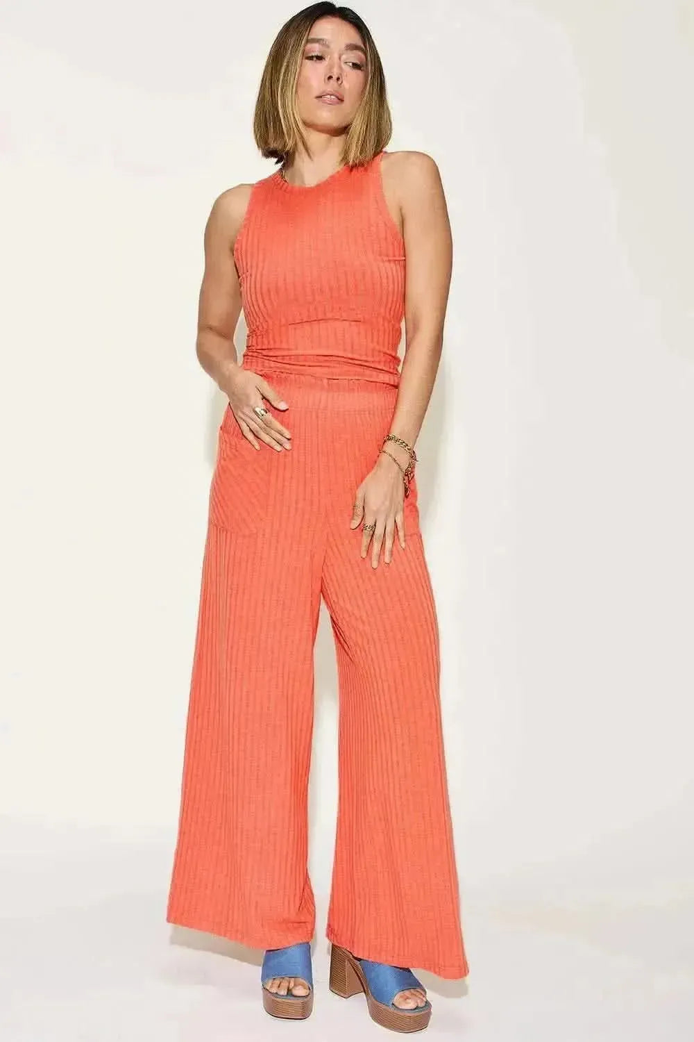 Basic Bae Full Size Ribbed Tank and Wide Leg Pants Set - Bad Moms Club