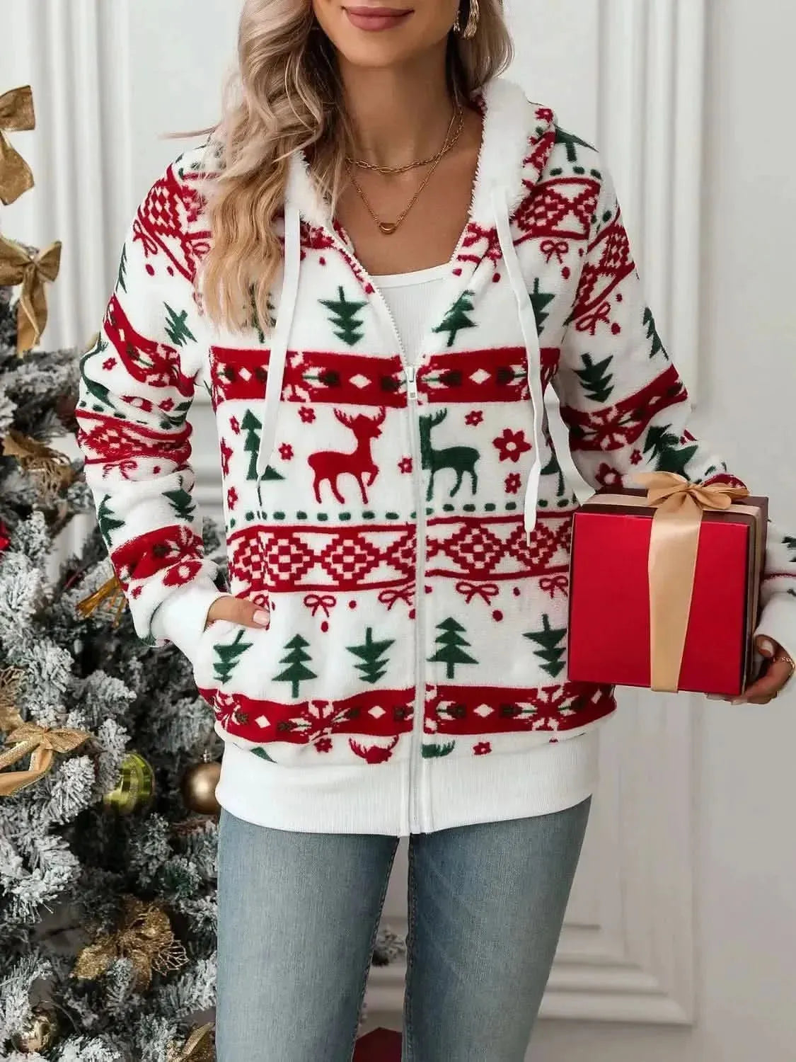 Drawstring Christmas Element Zip Up Hooded Jacket - Bad Moms Club