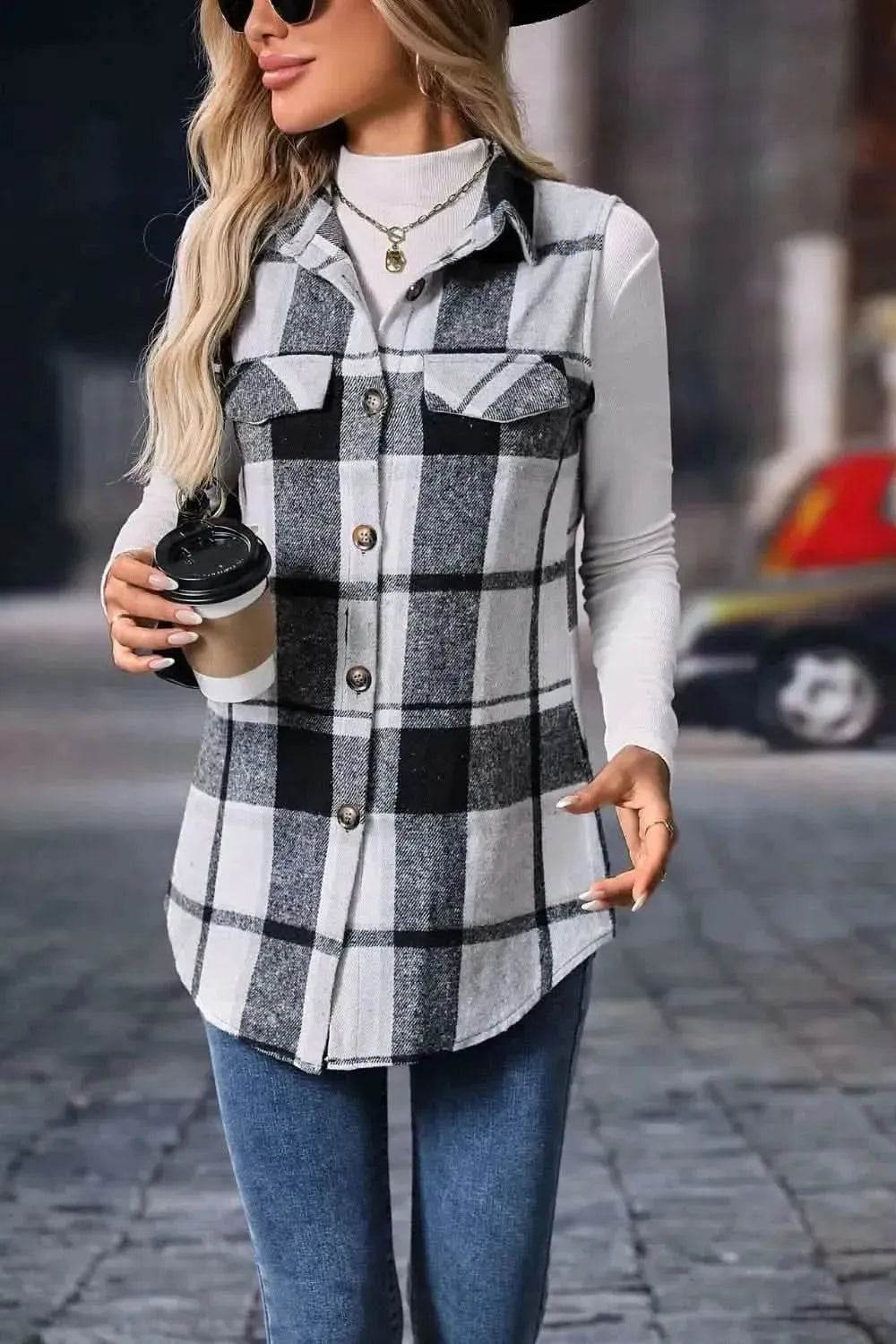 Plaid Button Up Vest Coat - Bad Moms Club
