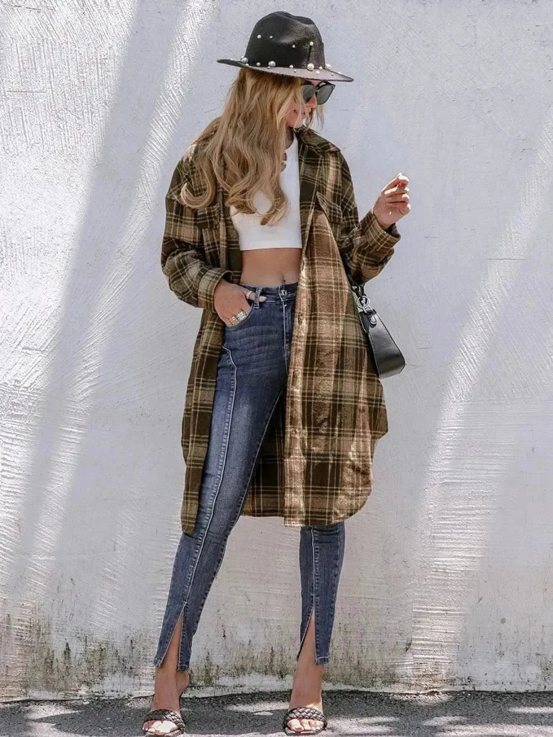Plaid Button Up Long Sleeve Shacket - Bad Moms Club