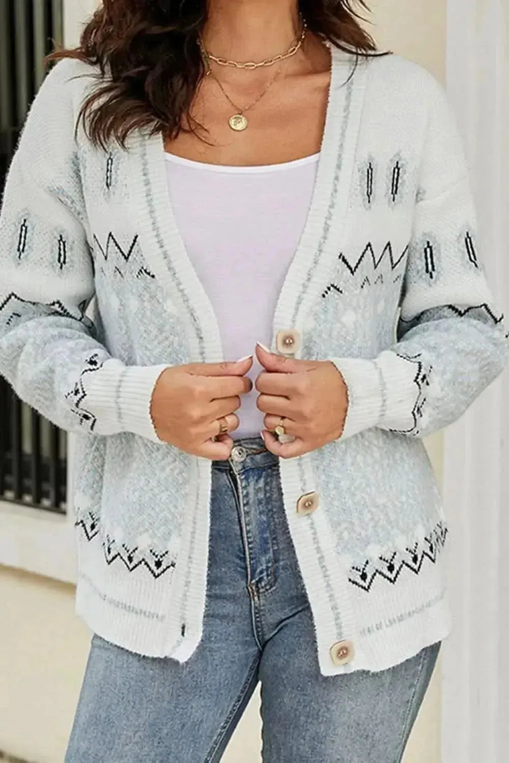 Printed V-Neck Buttoned Cardigan - Bad Moms Club