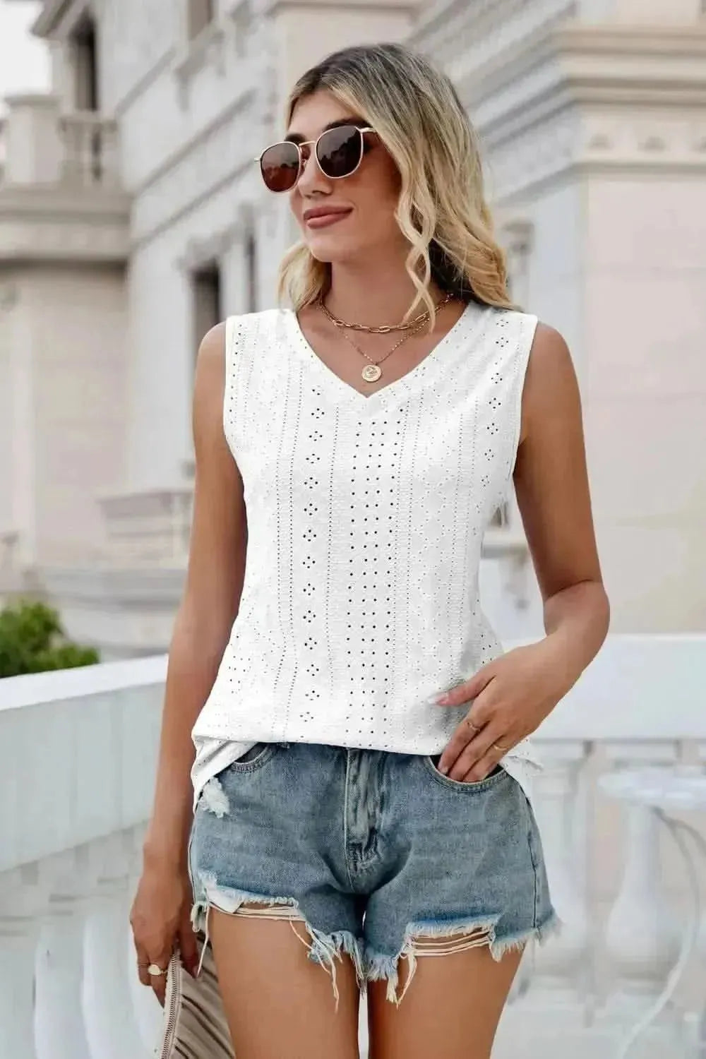 Eyelet V-Neck Tank - Bad Moms Club