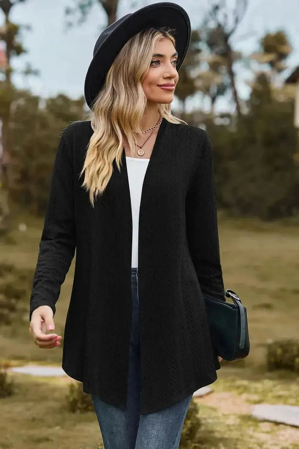 Textured Open Front Long Sleeve Cardigan - Bad Moms Club