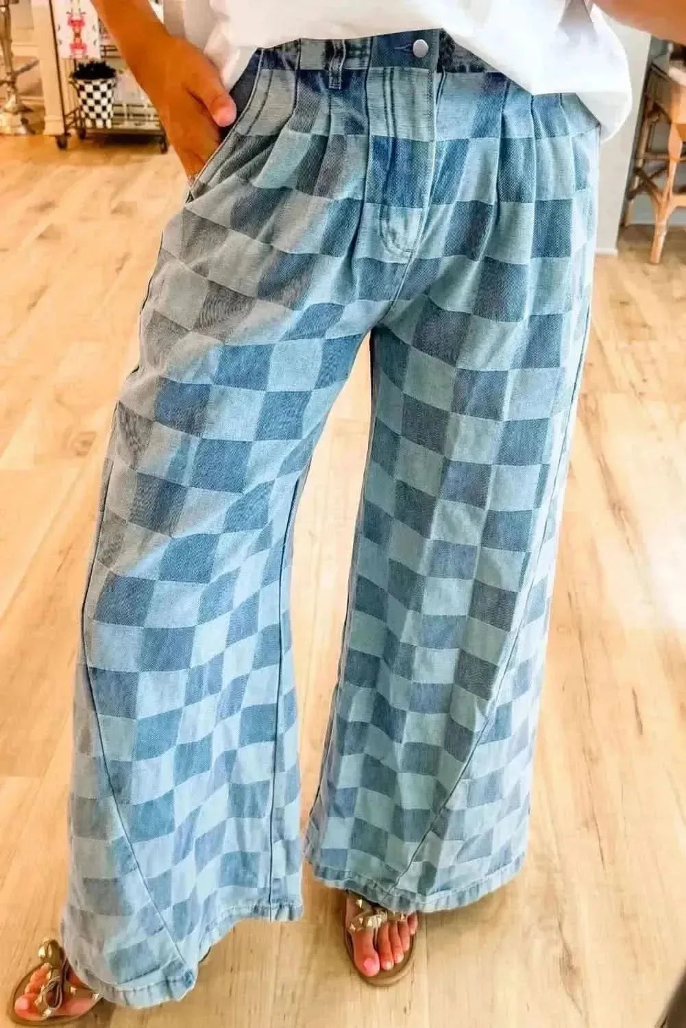 Checkered Wide Leg Jeans with Pockets - Bad Moms Club