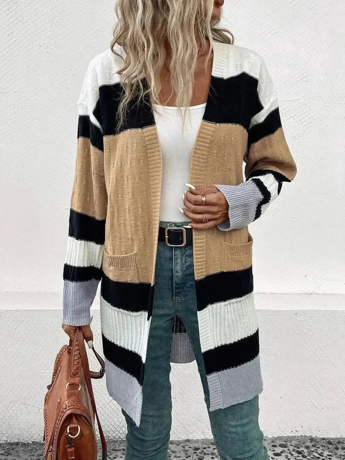Color Block Open Front Drop Shoulder Cardigan - Bad Moms Club