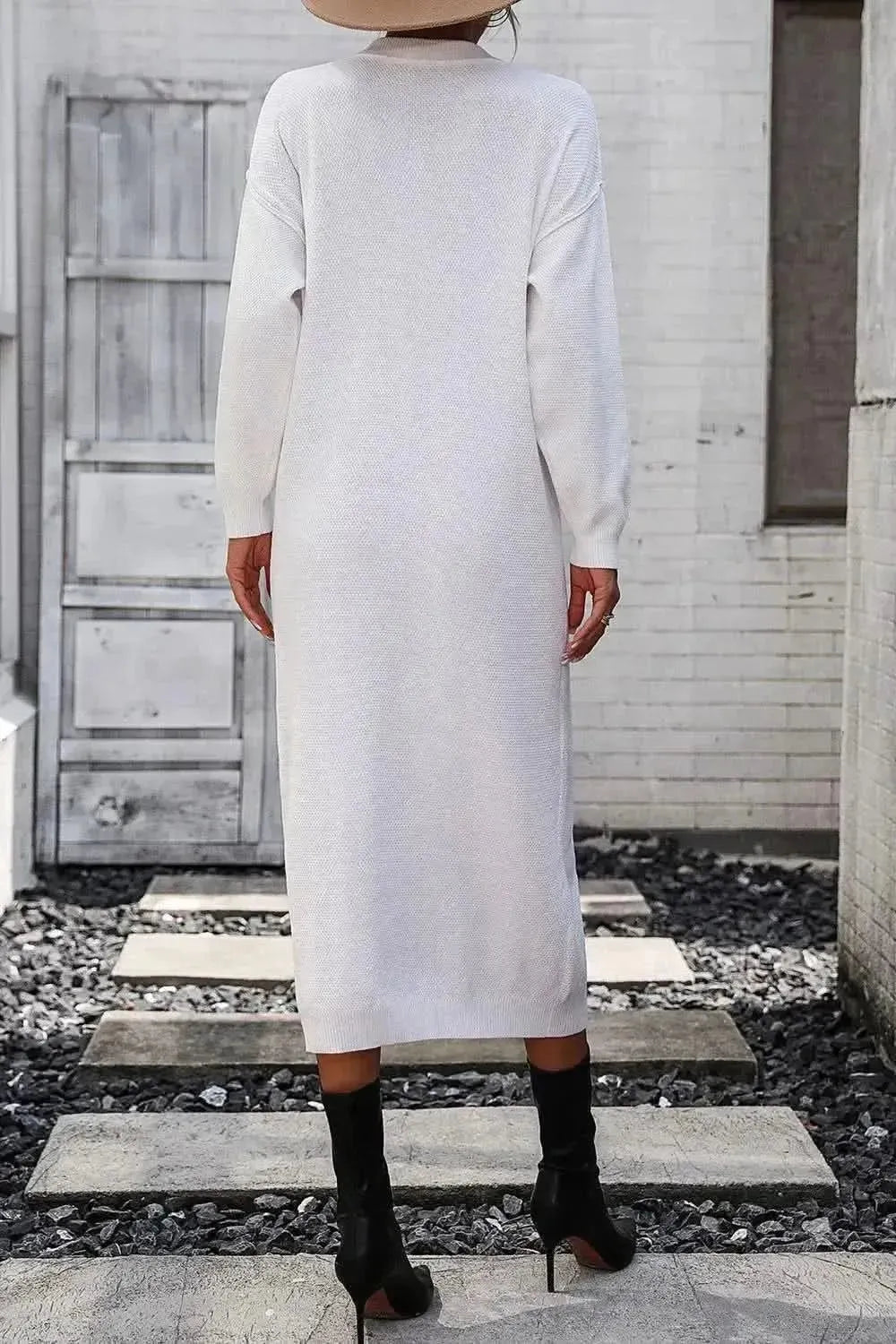 Decorative Button Notched Dropped Shoulder Sweater Dress - Bad Moms Club