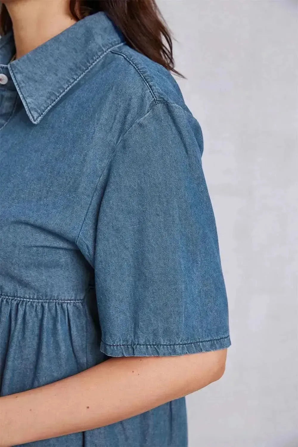 Button Up Collared Neck Tiered Denim Dress - Bad Moms Club