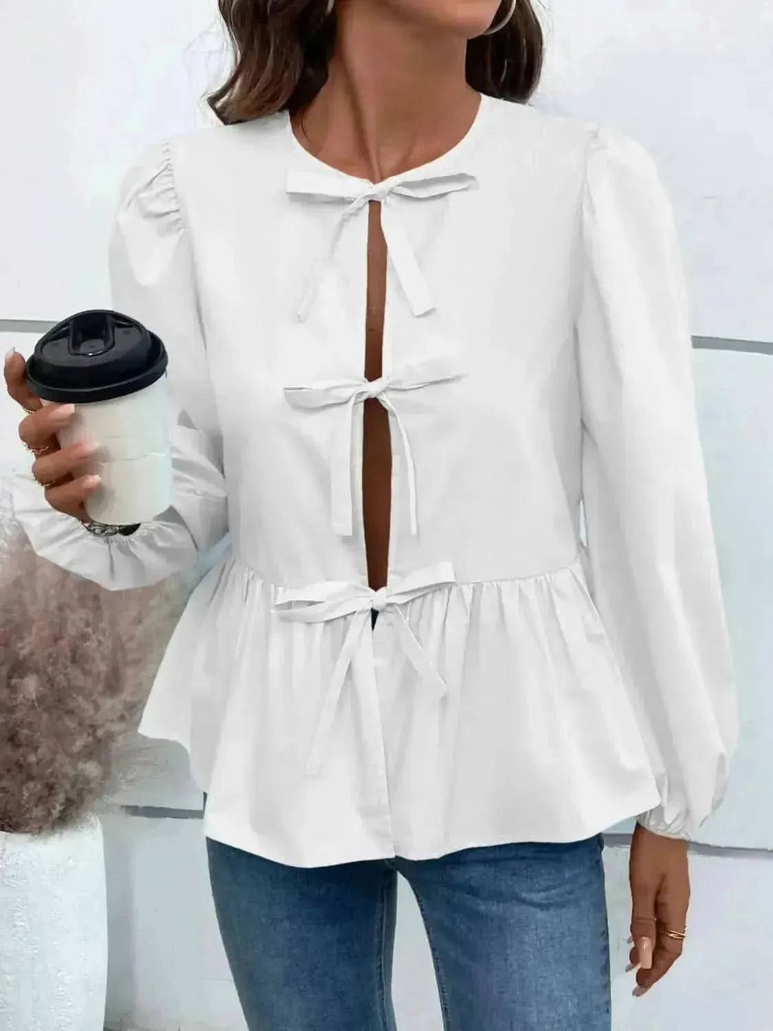 Ivy Lane Peplum Tied Long Sleeve Blouse - Bad Moms Club