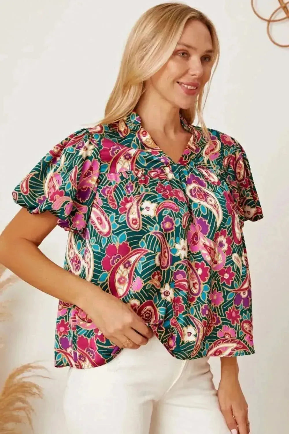 Floral Collared Neck Short Sleeve Blouse - Bad Moms Club
