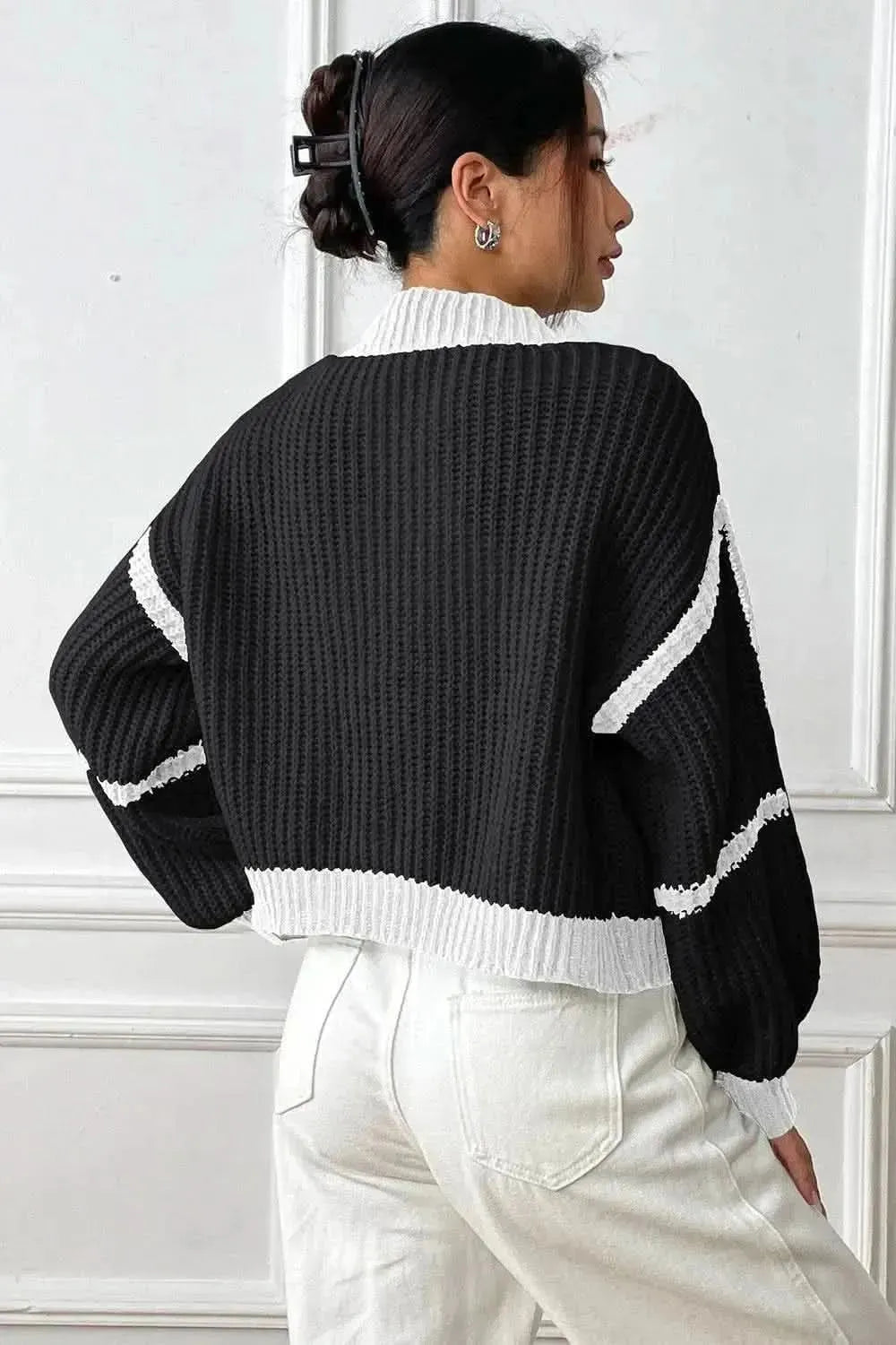 Contrast Open Front Long Sleeve Cardigan - Bad Moms Club