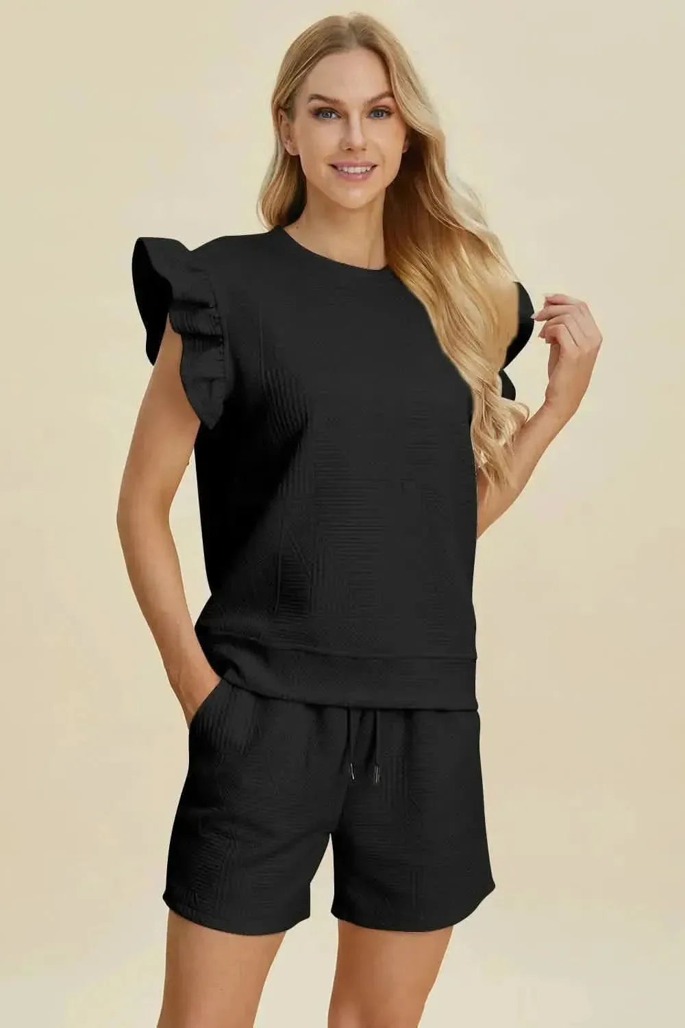 Double Take Full Size Texture Round Neck Ruffle Sleeve Top and Shorts Set - Bad Moms Club