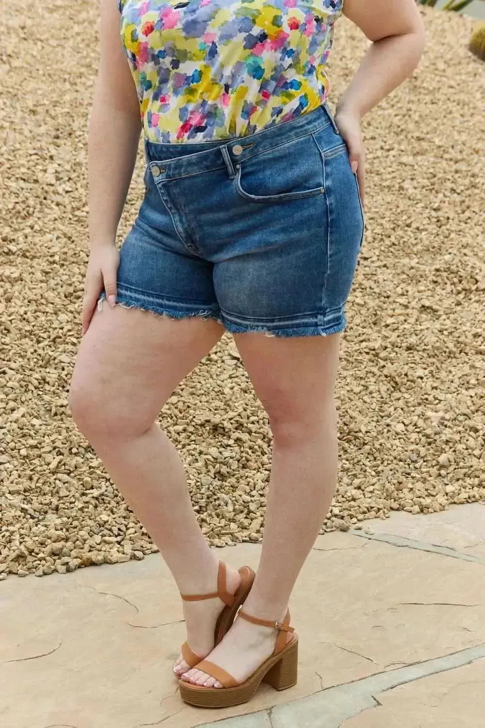 RISEN Maya Full Size Mid Rise Asymmetrical Shorts - Bad Moms Club