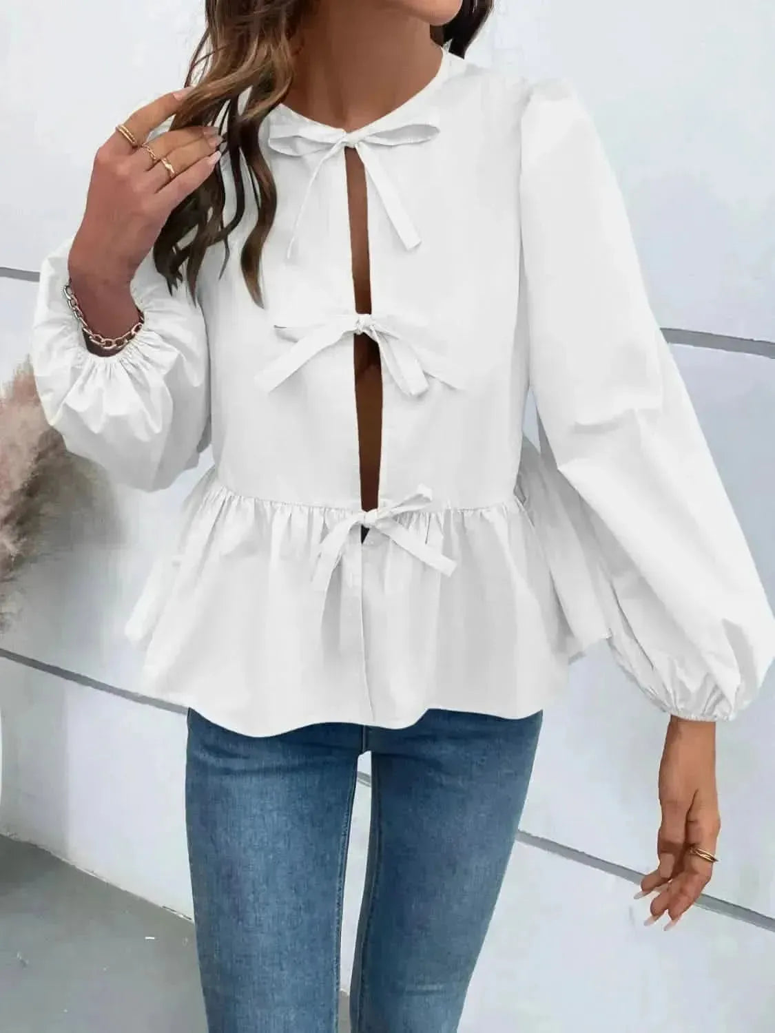 Ivy Lane Peplum Tied Long Sleeve Blouse - Bad Moms Club