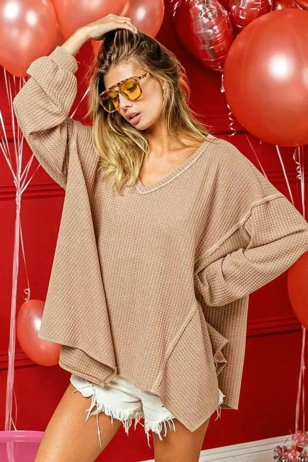 BiBi V-Neck Waffle Uneven Hem Top - Bad Moms Club