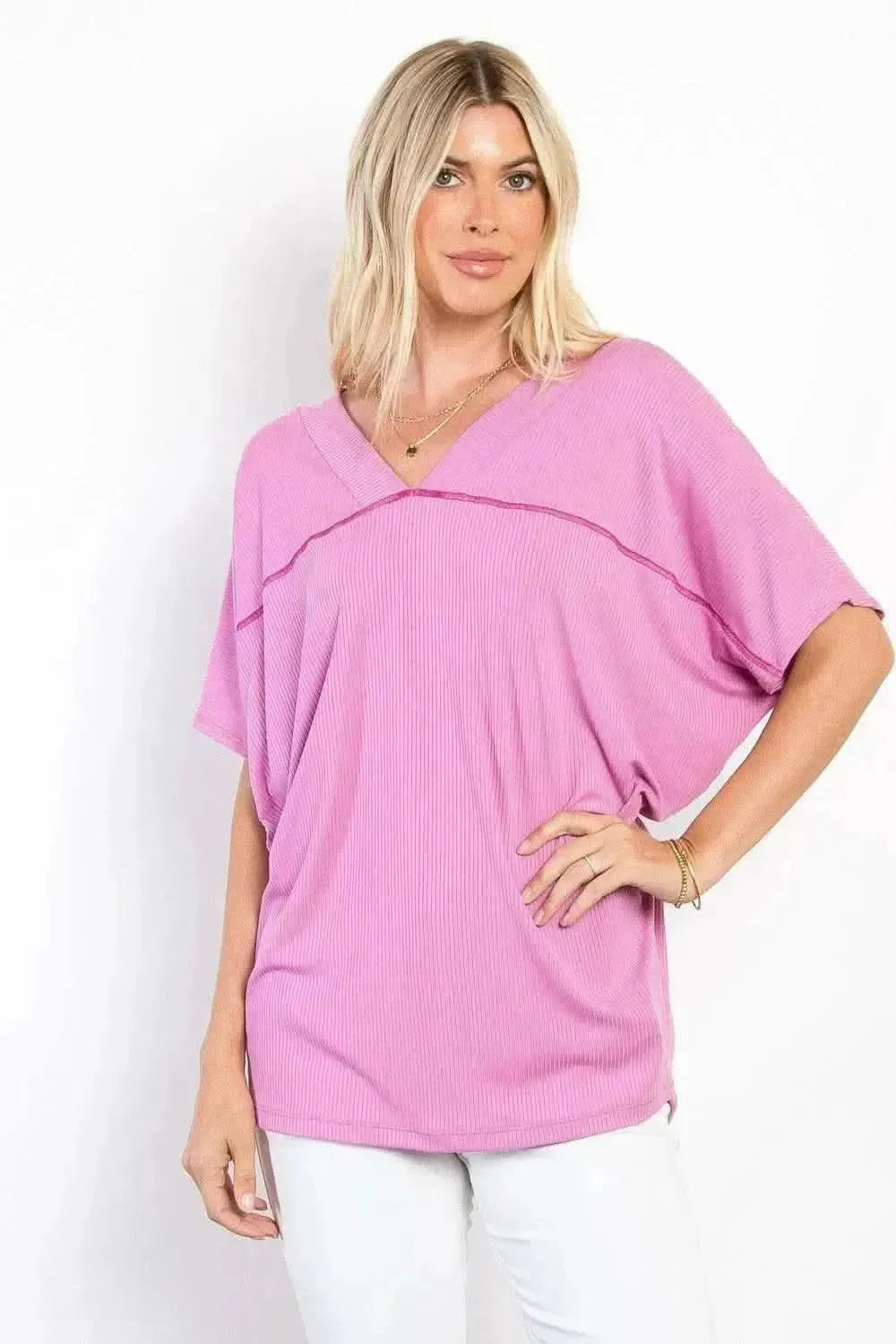 Be Stage Full Size V-Neck Short Sleeve Ribbed Top - Bad Moms Club