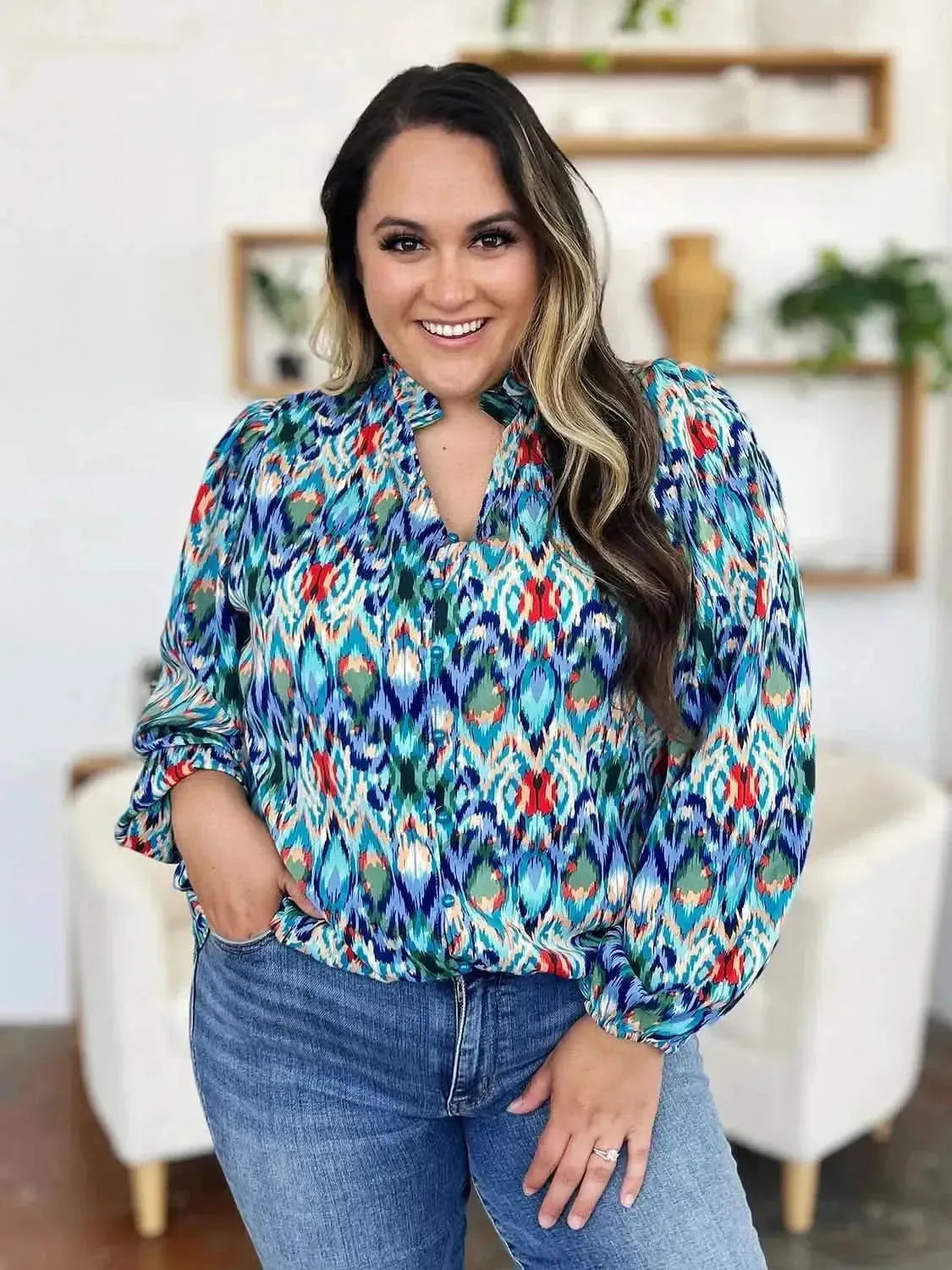 Double Take Full Size Printed Balloon Sleeve Blouse - Bad Moms Club