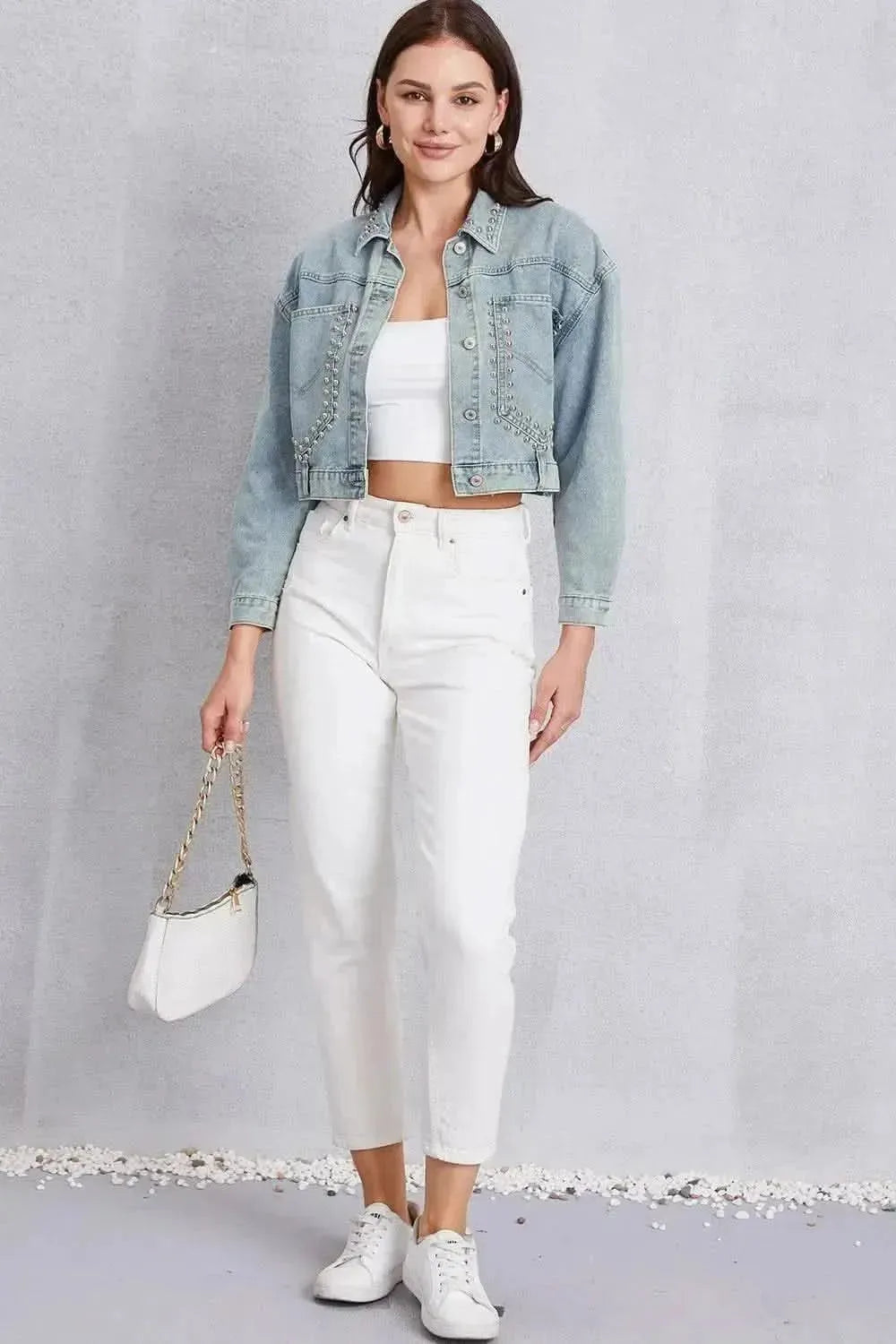 Studded Dropped Shoulder Denim Jacket - Bad Moms Club