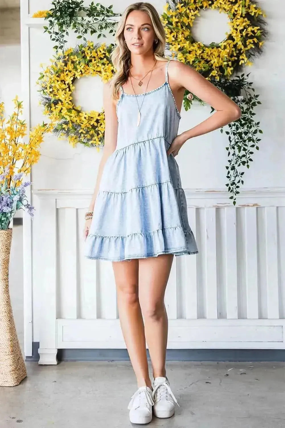 Spaghetti Strap Tiered Denim Dress - Bad Moms Club